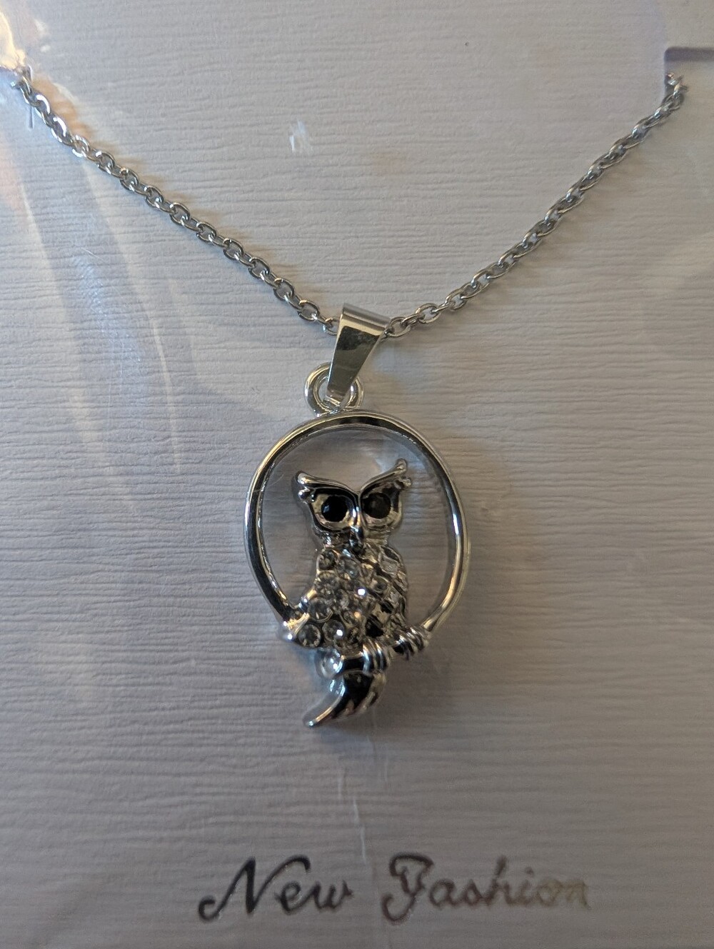 NWOT Silver Tone Rhinestone Owl in Hoop Pendant Necklace